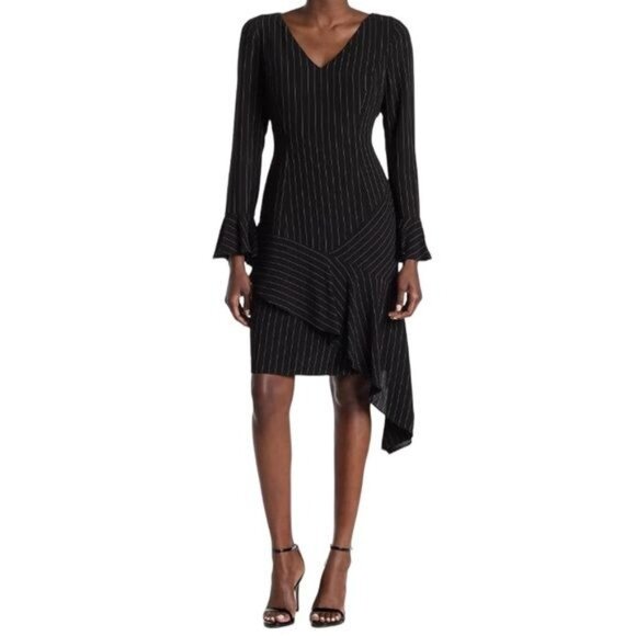 New Focus by Shani Pinstriped Asymmetrical Dress with Ruffle Hem‎ Bell Sleeves 4 - Picture 3 of 10
